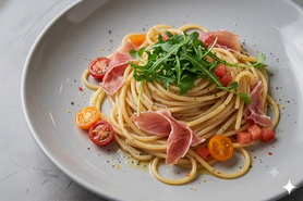 生ハムとトマトの冷製パスタ・ルッコラ添え〈米粉入りカボチャ麺〉