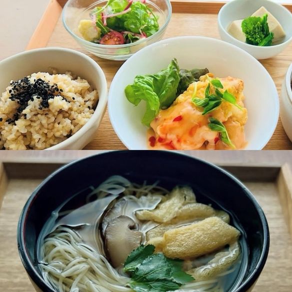 『玄米週替わり定食』のお知らせです  2/27(金) -3/5(木) ○鶏むね肉の柔らかフリット マヨチリソース ○三輪素麺にゅうめん ○高野豆腐と野菜の煮物 ○ひじきと豆の胡麻和えサラダ ○玄米ごはん  白ごはんに変更できます。 　（奈良ひのひかり米） 1200yen税込