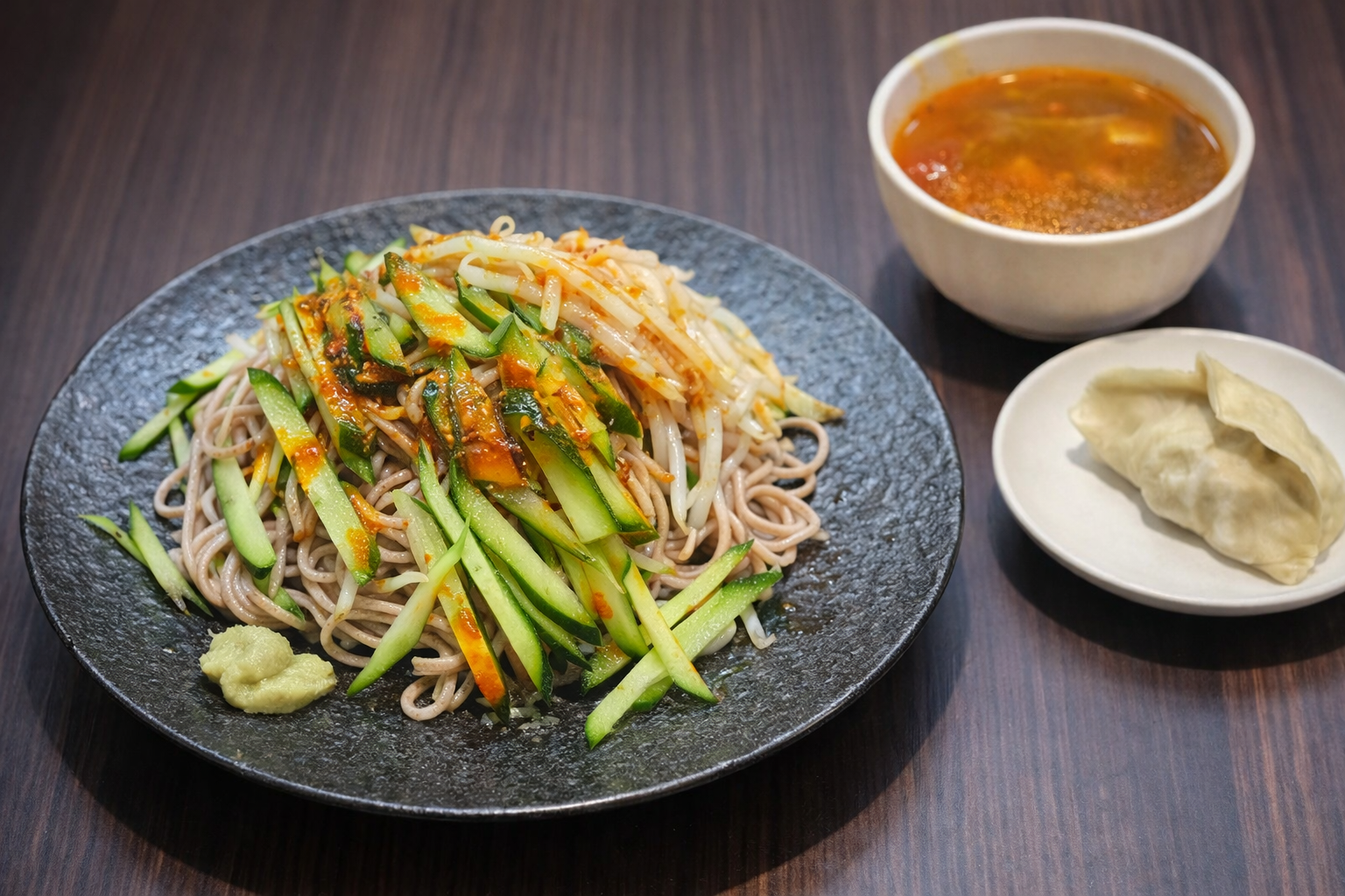 浜松町｜喉越し抜群の蕎麦にたっぷり野菜をON！餃子＆スープ付きセット