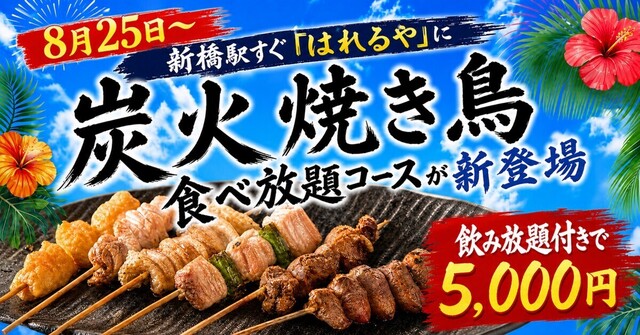 新橋駅すぐ│焼き鳥2時間食べ放題！おつまみ&〆ラー付コースが8/25〜登場『はれるや』
