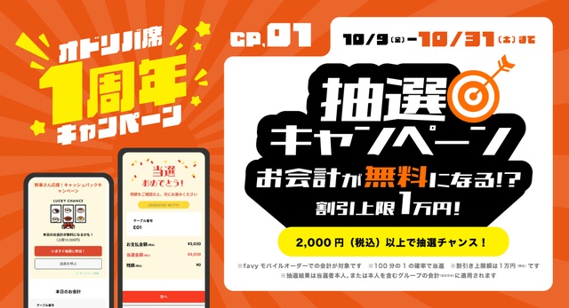 10/9〜31｜2000円以上注文すると抽選で会計無料に！札幌・4PLA『ODORiBA 大通バル』